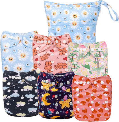ALVABABY 6pcs Cloth Diaper Covers &1 Wet Dry Bag, Washable Reusable Cloth Nappy Shell for Prefold with Multi-Functional Bag, Flat or Fitted Diaper Inserts 6NKZ06