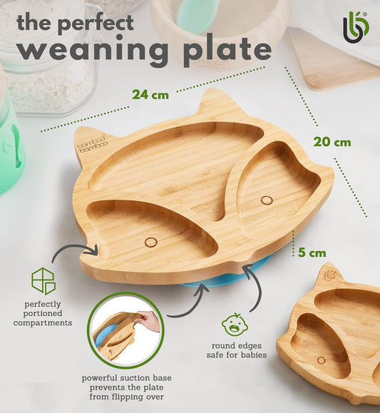 bamboo bamboo Baby and Toddler Plate for Feeding and Weaning, Bamboo Fox Plate with Secure Suction Cup for Babies from 6 Months (Fox, Pink)