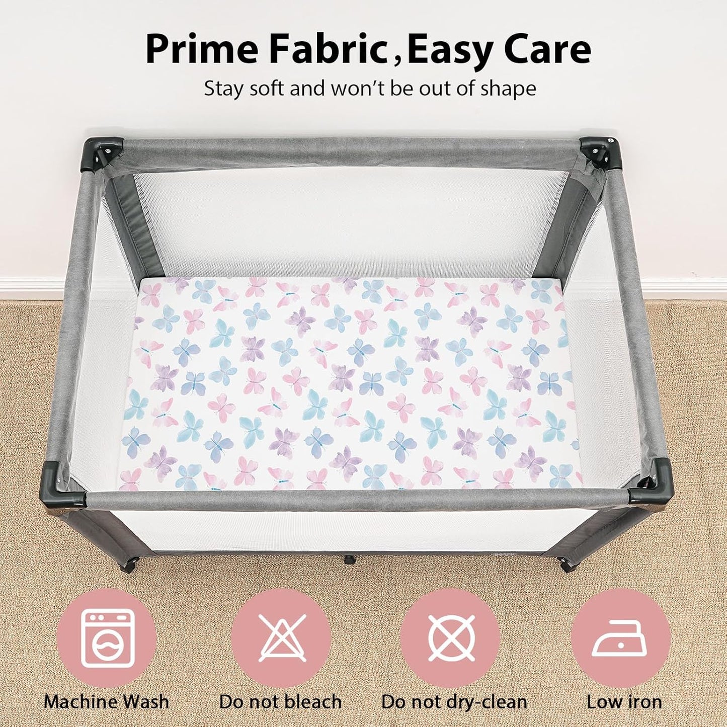 Baby Mini Crib Sheets Girl, Portable 38”x26” Pack and Play Sheets Fitted for Playard and Pack N Play Mattress, 3-Pack Soft Microfiber Pink Rainbow