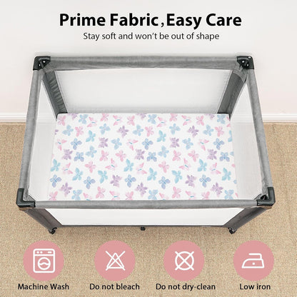 Baby Mini Crib Sheets Girl, Portable 38”x26” Pack and Play Sheets Fitted for Playard and Pack N Play Mattress, 3-Pack Soft Microfiber Pink Rainbow