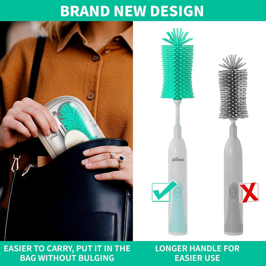 Electric Bottle Brush Cleaner, Portable Electric Baby Bottle Brush Cleaner for Travel, Rechargable Travel Bottle Cleaner Kit with Nipple & Straw Brush, Perfect Mom Essentials After Birth Gift, Green