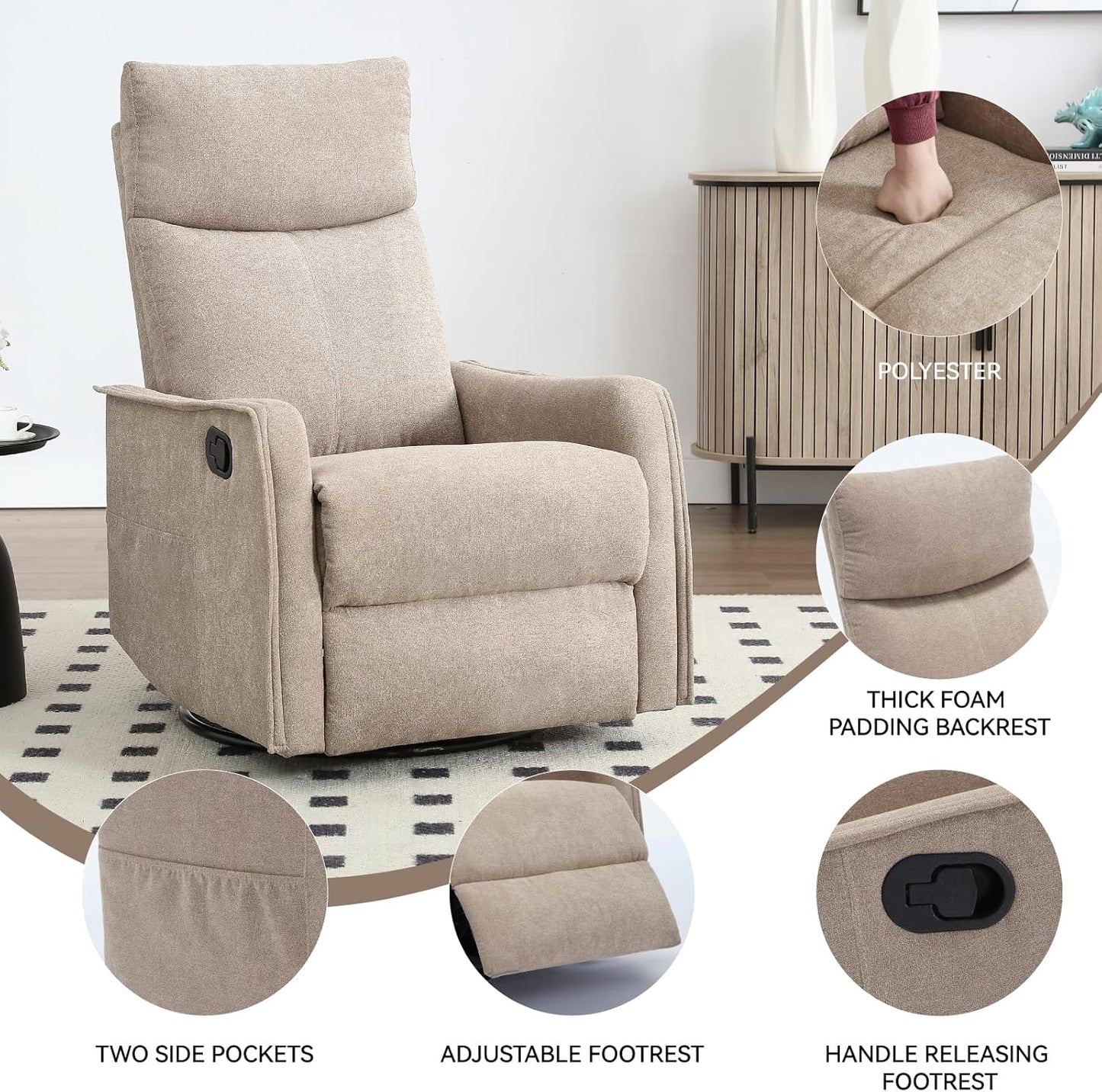 Swivel Rocker Recliner Chair for Adults, Nursery Rocking Chair with Heat and Massage, Glider Reclining Chair for Small Space Living Room Bedroom, Faux Leather Black