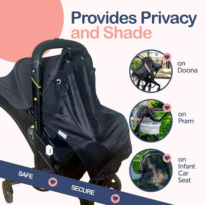 Stroller Sun Shade Extender – Universal Clip-On Baby Stroller Sun Shade Cover, UV Protection, Breathable See-Through Mesh, Adjustable Fit, Large Black