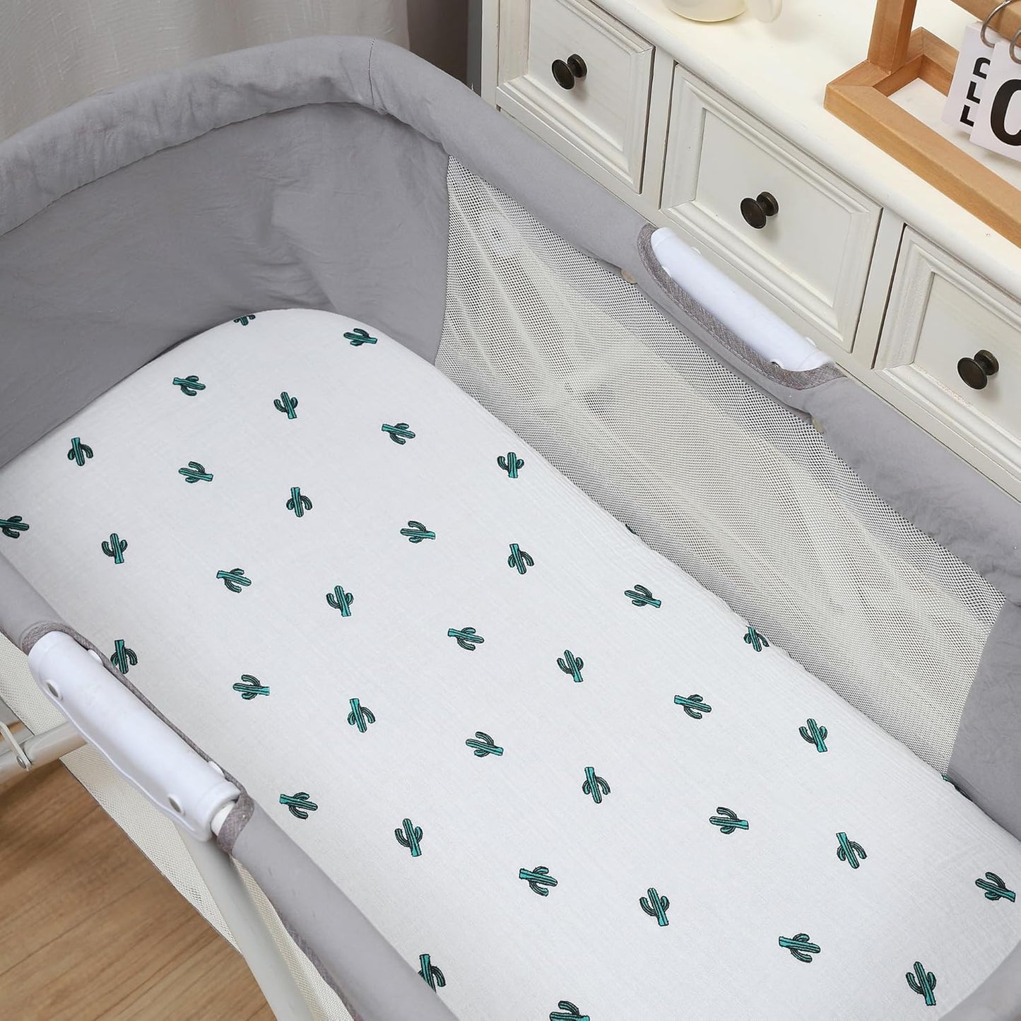 Onacosht Muslin Bassinet Sheets 3 Pack, 100% Cotton Baby Fitted Sheet 33" x 19" Compatible with Mika Micky, KoolaBaby (3 in 1), BabyBond, HARPPA and RICUTON Bedside Bassinet, Green, Floral and Cactus