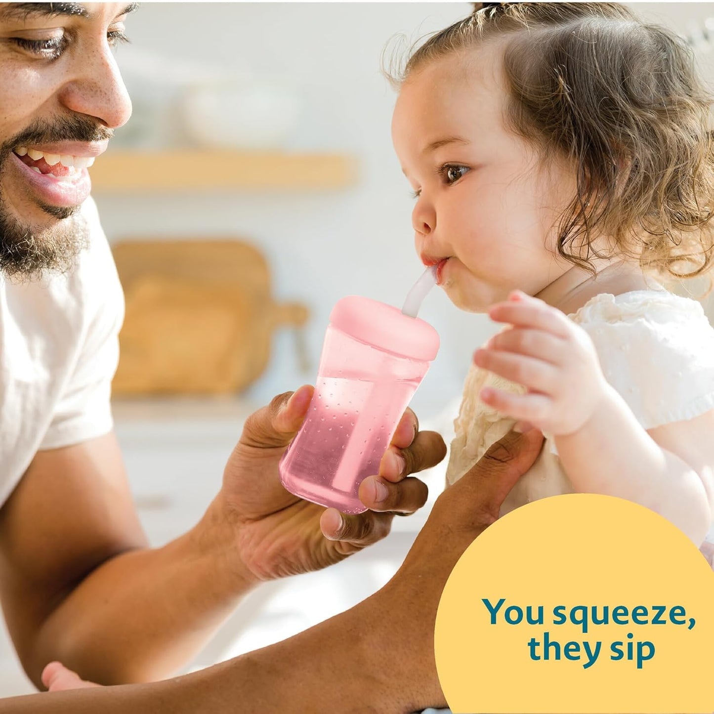 The First Years Squeeze & Sip Toddler Straw Cups - Squeezable Transition Sippy Cup with Silicone Straw - Toddler Feeding Supplies - 7 Oz - 3 Count - Ages 6 Months and Up