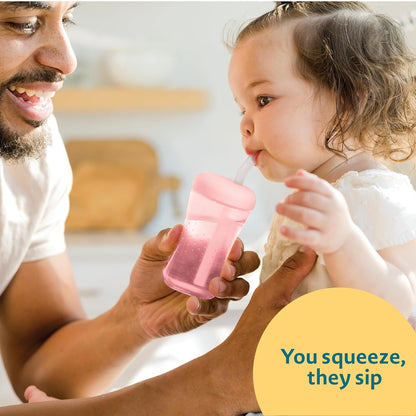 The First Years Squeeze & Sip Toddler Straw Cups - Squeezable Transition Sippy Cup with Silicone Straw - Toddler Feeding Supplies - 7 Oz - 3 Count - Ages 6 Months and Up