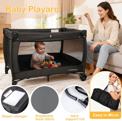3 in 1 Pack and Play, Baby Bassinet, Changing Tabler - Portable Baby Playpen for Babies and Toddlers, Foldable Playard with Locking Wheels & Storage Diaper Basket(Black)