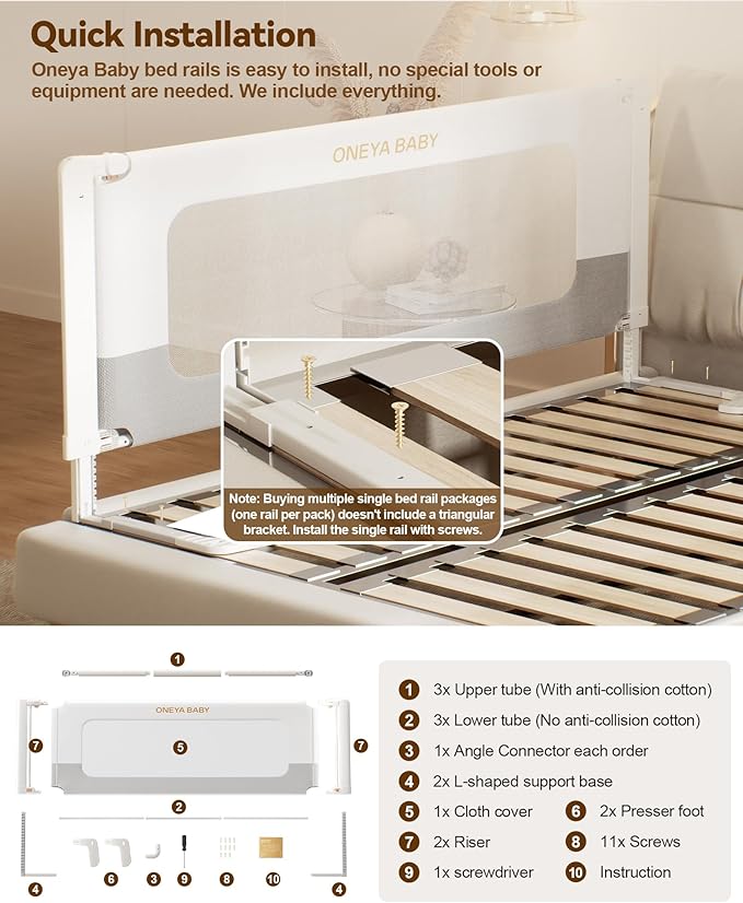 Bed Rail for Toddlers, Thickened & Reinforced Toddler Bed Rails with Double Child Lock, Upgraded Kids Baby Bed Rail Guard/Bed Side Rails for Queen, King Size,White/Grey, 1Side, 78.7" Lx28 H