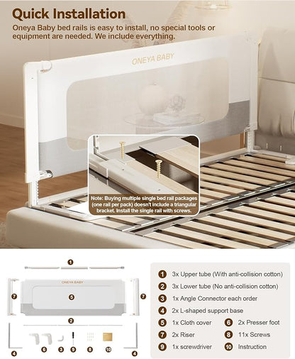 Bed Rail for Toddlers, Thickened & Reinforced Toddler Bed Rails with Height Adjustable, Upgraded Kids Baby Bed Rail Guard/Bed Side Rails for Twin, Full, King Size, White/Grey, 1Side 74.8" Lx28 H