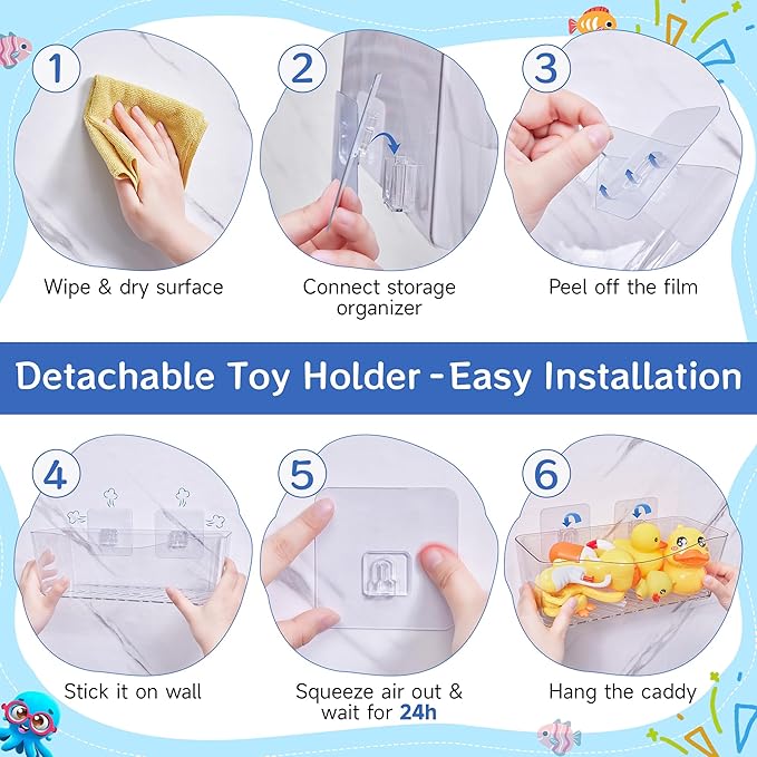 Antimbee Clear Bath Toy Storage, Large Capacity Bath Toy Holder, Quick Dry Bathtub Toy Storage Organizer, No Drill Adhesive Shower Caddy, Bathroom Shower Toy Basket for Baby Toddler Kids, 2 Pack