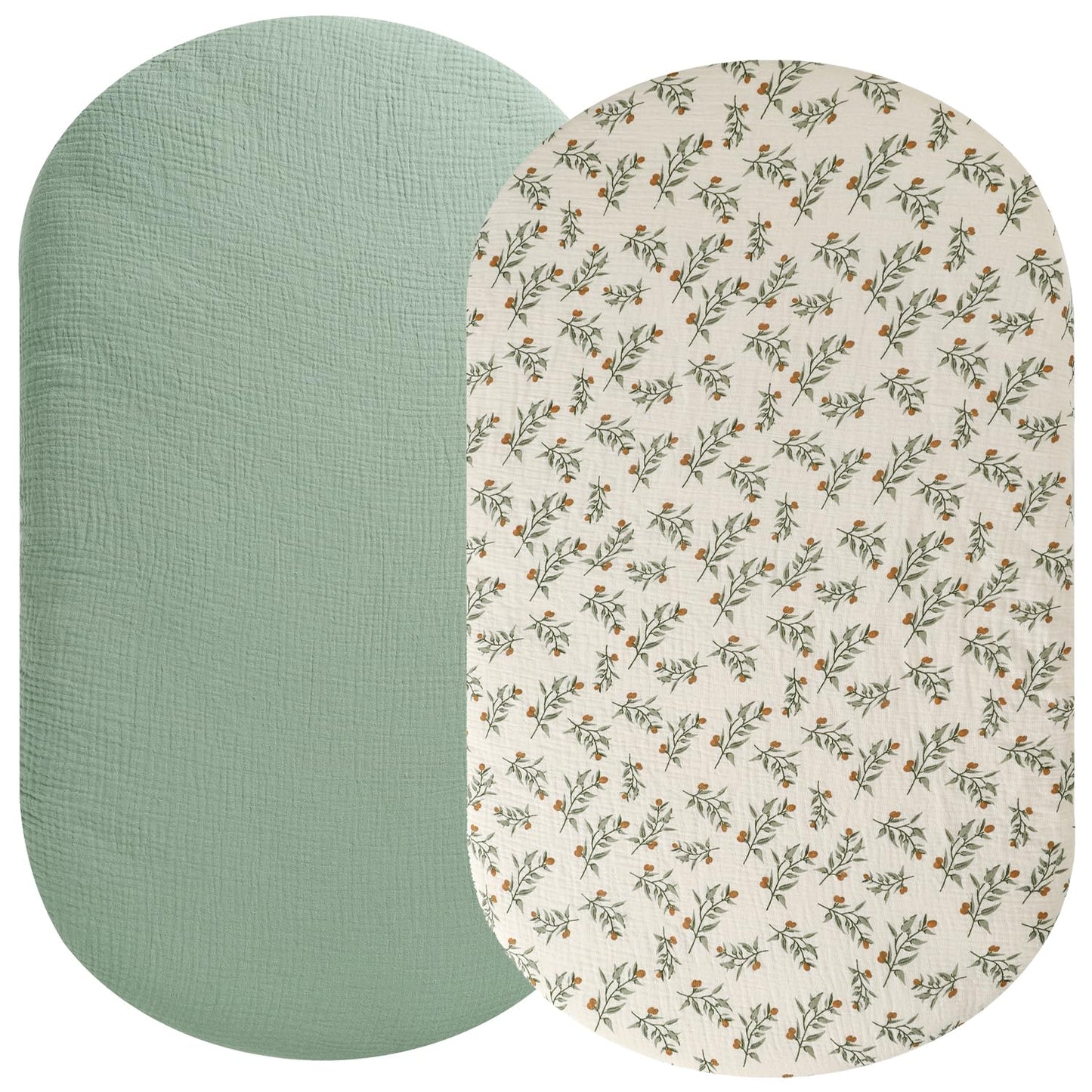 Muslin Bassinet Sheet Compatible with Mika Micky Bedside Sleeper 2 Pack Cotton Stylish Boho Fitted Bassinet Sheets Super Soft for Baby Roman Green & Botanical Leaf
