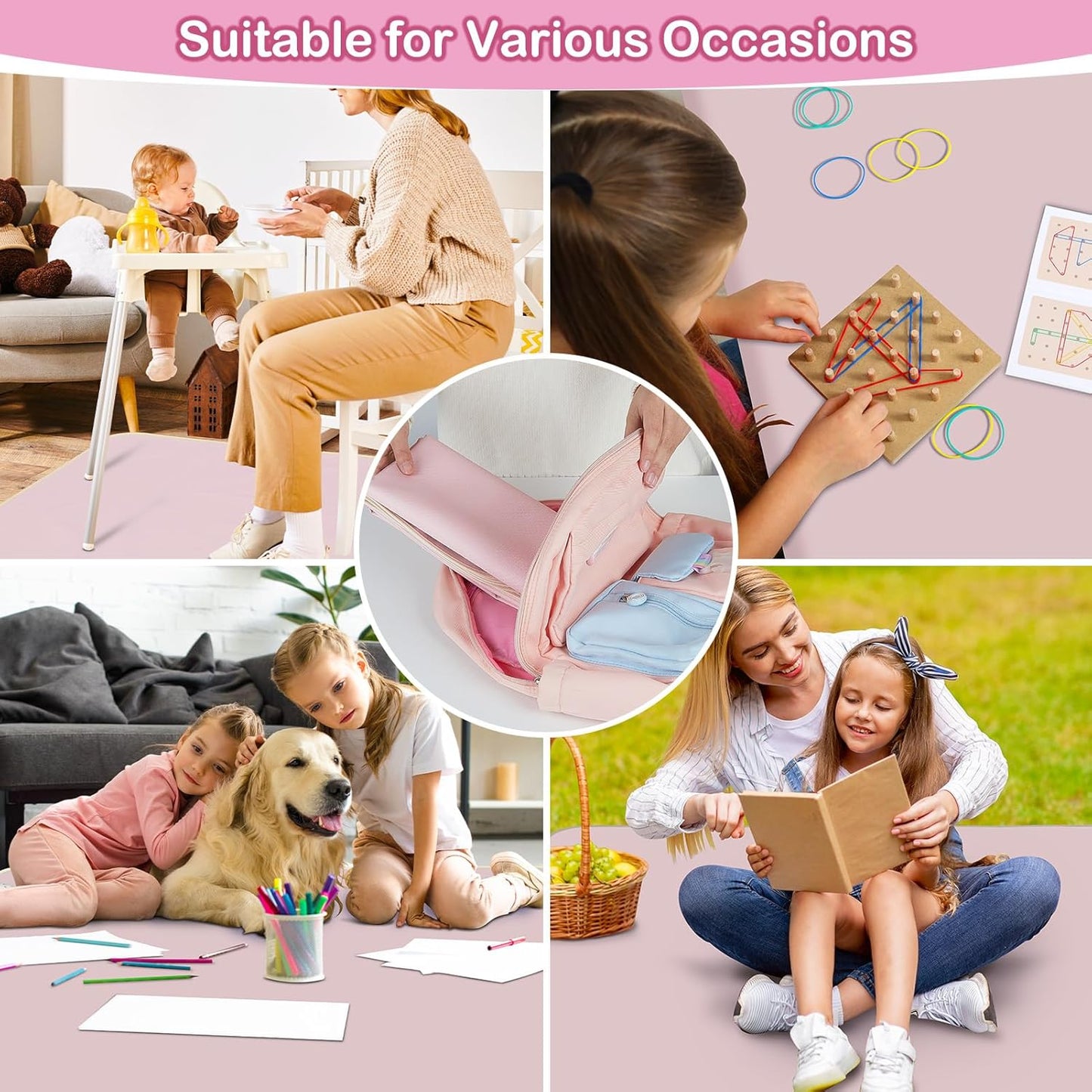 Basumee Splat Mat High Chair Mat Waterproof Baby Play Splat Mat for Under High Chair Food Catcher Highchair Mat for Floor Non Slip Bottom, Pink Rainbow, 46x42 Inches