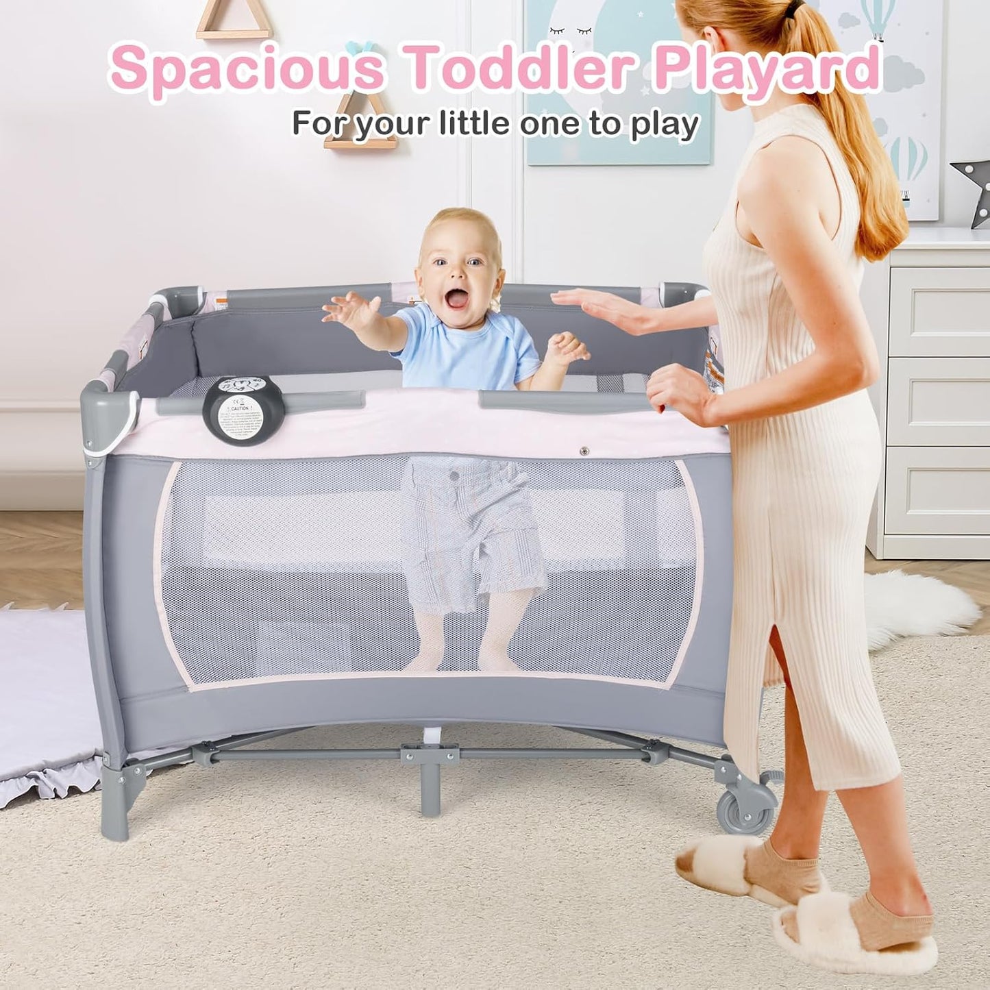 HONEY JOY Pack and Play, 5 in 1 Portable Infant Playpen with Bassinet & Changing Table, Storage Bag, Music Box, Toys, Carry Bag, Nursery Center, Baby Playard Pack n Play Crib for Boys Girls