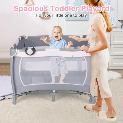 HONEY JOY Pack and Play, 5 in 1 Portable Infant Playpen with Bassinet & Changing Table, Storage Bag, Music Box, Toys, Carry Bag, Nursery Center, Baby Playard Pack n Play Crib for Boys Girls