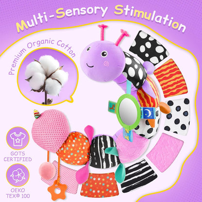 Tummy Time Baby Toys Sensory Musical Animal Stuffed Car Seat Toy for Infant 0-3-6-12 Months Newborn, Plush Caterpillar with Mirror,Crinkle,Rattle Teething Toys for Baby Boys Girls Shower Gifts, Pink