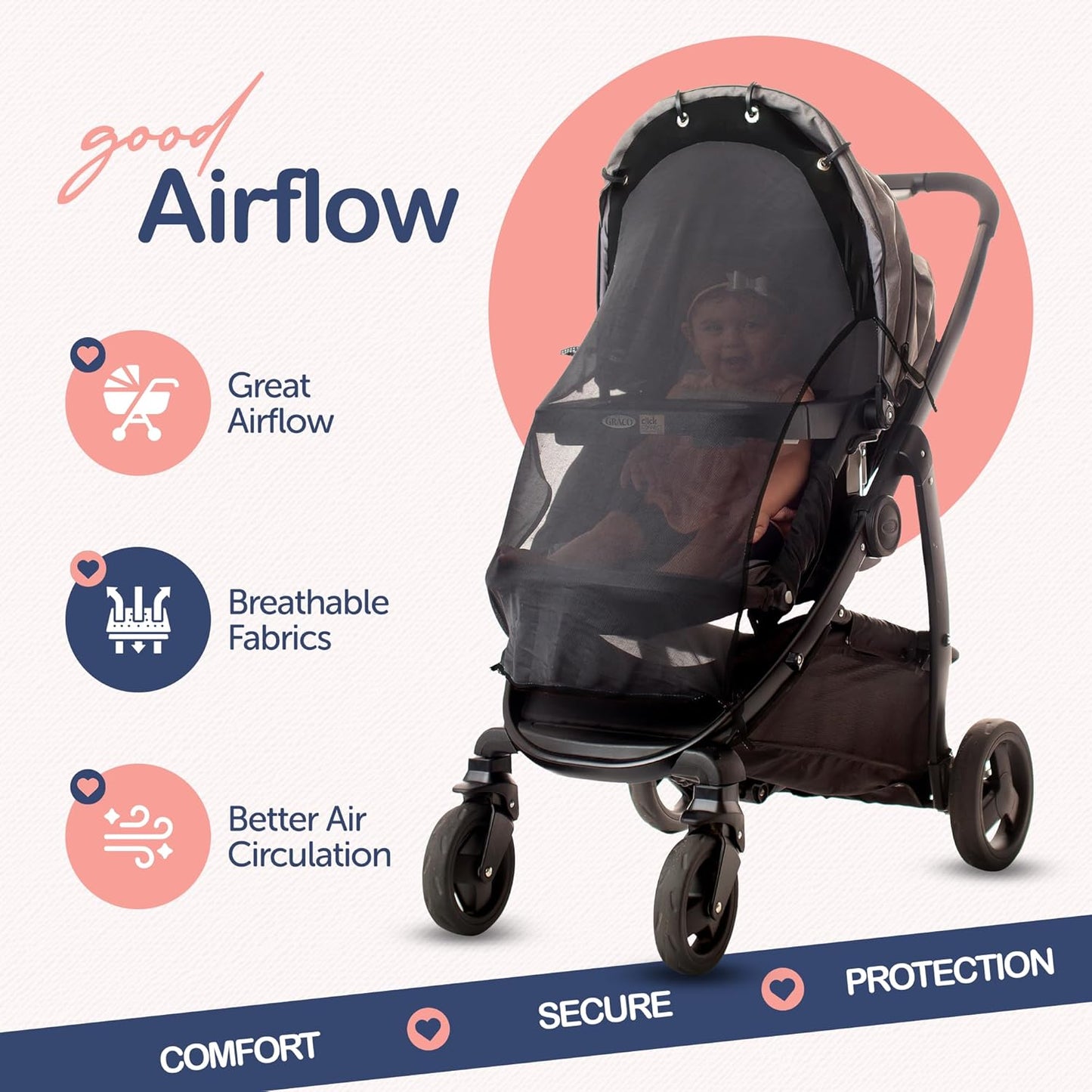 Stroller Sun Shade Extender – Universal Clip-On Baby Stroller Sun Shade Cover, UV Protection, Breathable See-Through Mesh, Adjustable Fit, Large Black