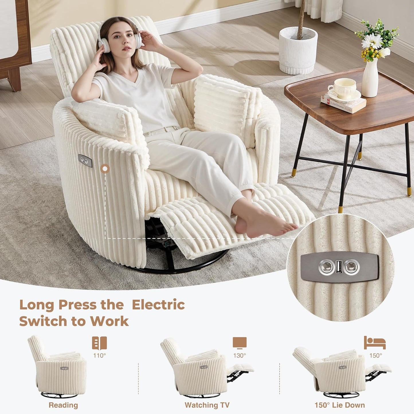Power Recliner,Nursery Swivel Glider Rocking Chair with USB Port,Upholstered Adult Electric Recliner Rocking Chair with 2 Pillows for Living Room Bedroom (Beige Corduroy, Power-Driven)