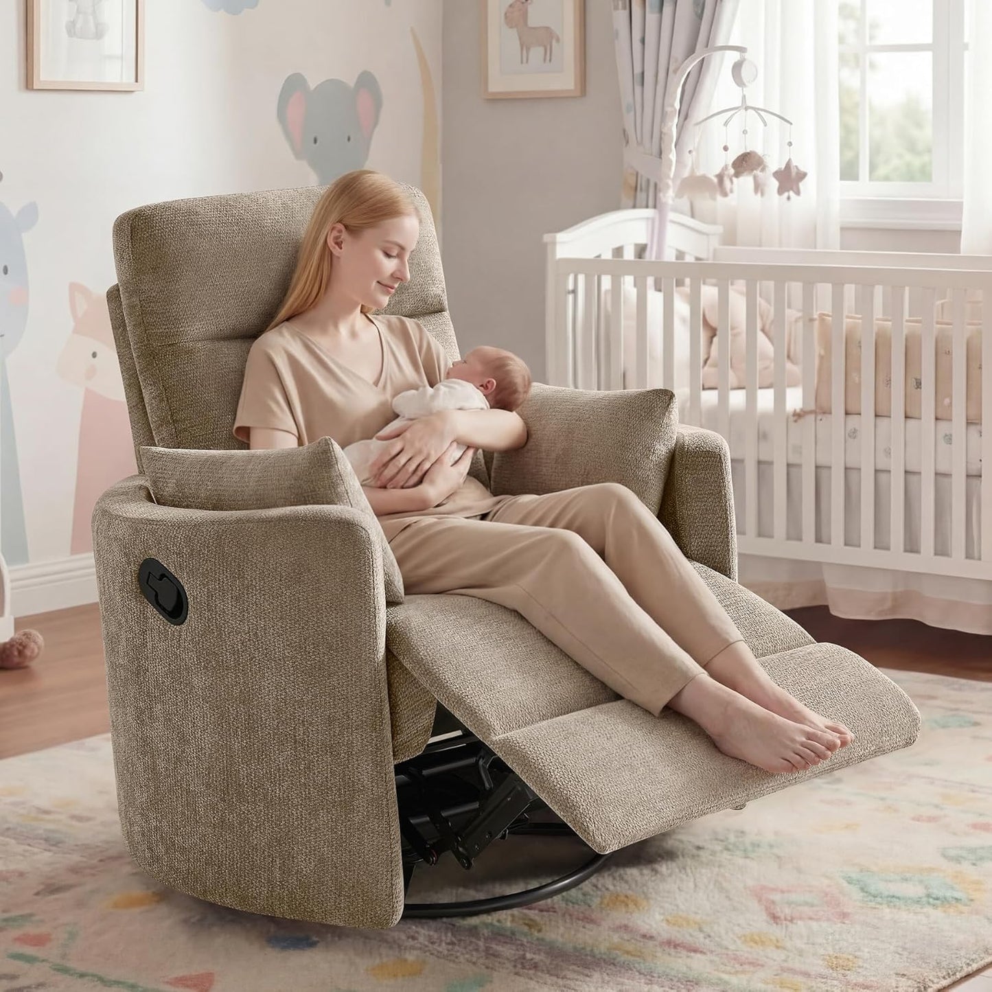 Nursery Rocking Chair, Oversized 360° Swivel Glider Recliner Chair, Upholstered Nursery Rocker with 2 Pillows and Footrest, Cozy Reclining Sofa for Living Room, Bedroom, Nursing, Olive
