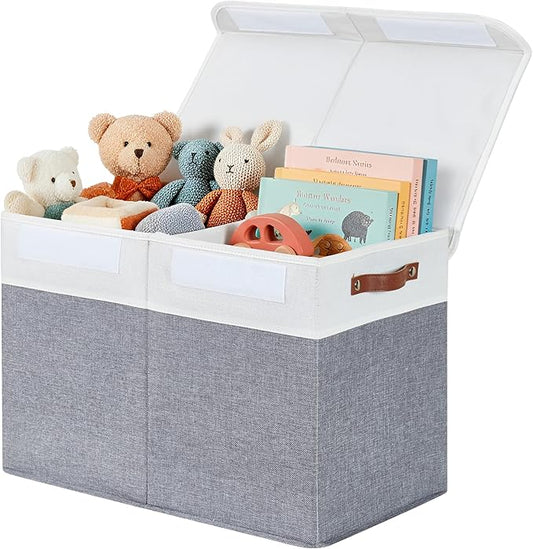 DECOMOMO Large Toy Storage Box with Lid - 25L x 12W x 16H inches Toy Chest Storage Bin with Divider for Kids, Nursery, Playroom (Grey & White)