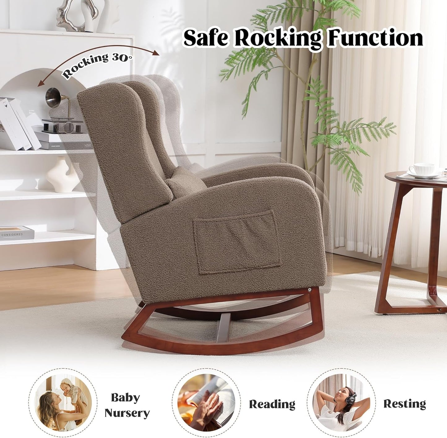 HCHAIRH Rocking Chair Nursery, Nursery Rocking Chairs with Foot Rest, Comfy Fabric Glider Rocker Nursing Chair with High Back for Nursing, Living Room, Bedroom, Beige