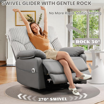 GRAINELL Oversize Power Swivel Recliner, 40in Wide Electric Glider Rocking Chair with Headrest Adjustment, USB Port, 270° Swivel, Rock 30° – for Living Room, Nursery, Black (5" 7' to 6" 1' Height)