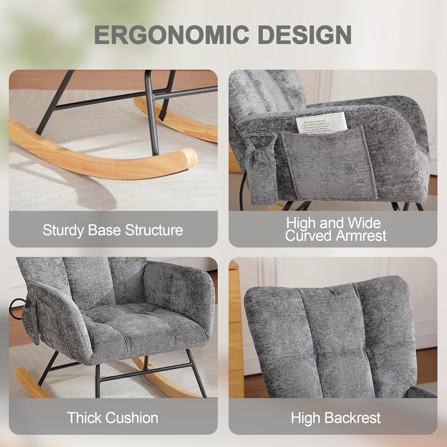 Rocking Chair Nursery with Airbag, Comfy Modern Nursery Rocking Reading Chair indoor with Footrest, Cozy Upholstered Glider Rocker Chairs for Living Room Bedroom Offices(Chenille, Dark Grey)