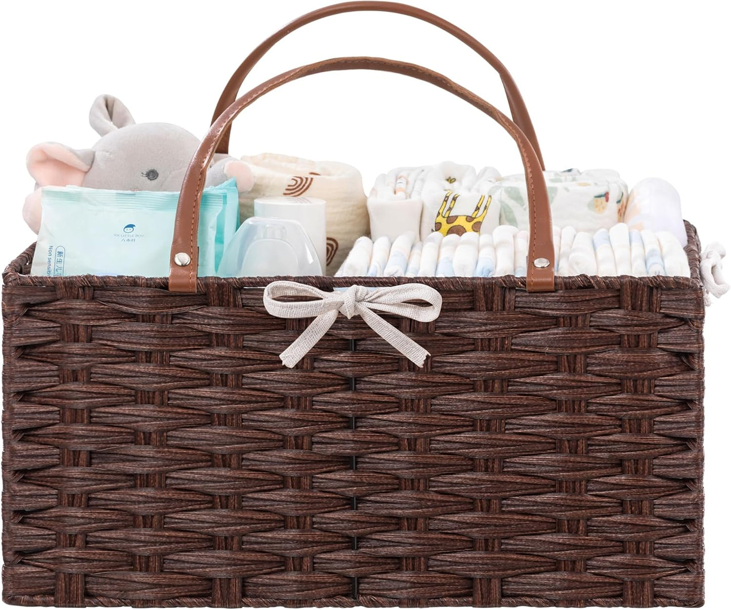 HBlife Large Diaper Caddy Organizer, Washable Waterproof, Portable Plastic Wicker Woven Basket with Divider, Nursery Diaper Station, Baby Shower Gifts Basket & Car Organizer