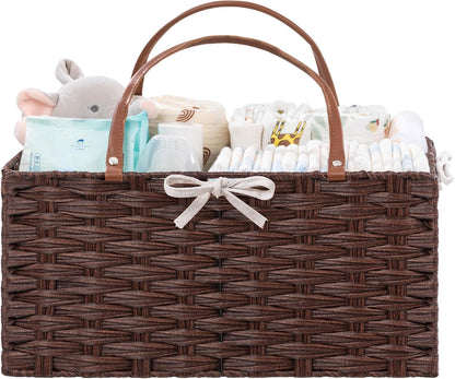 HBlife Large Diaper Caddy Organizer, Washable Waterproof, Portable Plastic Wicker Woven Basket with Divider, Nursery Diaper Station, Baby Shower Gifts Basket & Car Organizer