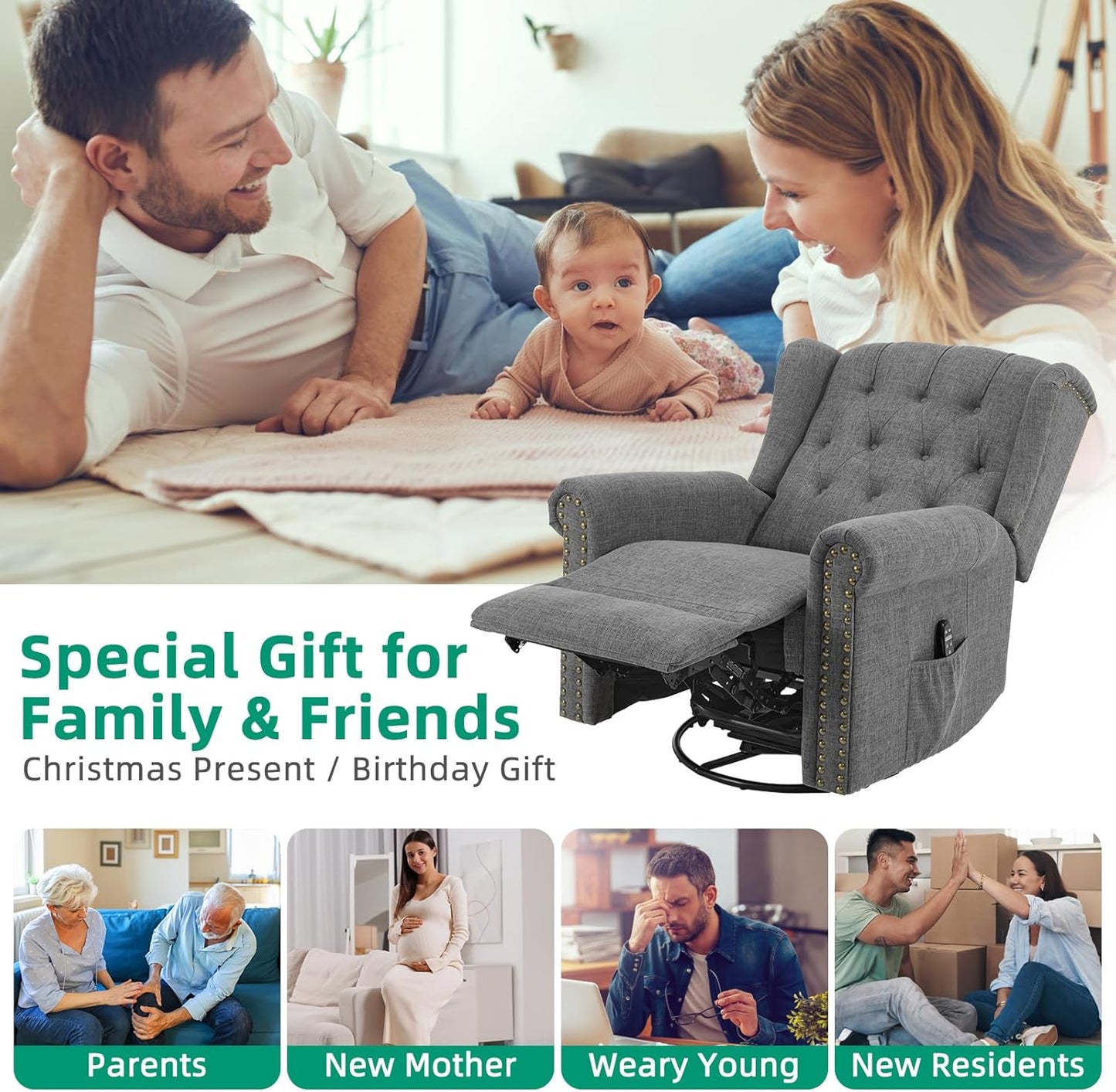 VIVIJASON Power Swivel Rocking Recliner Chair with Massage & Heat, Electric Rocker Nursery Glider Chair, Wingback Tufted Upholstered Recliner W/Type-C & USB Ports for Living Room, Bedroom, Beige