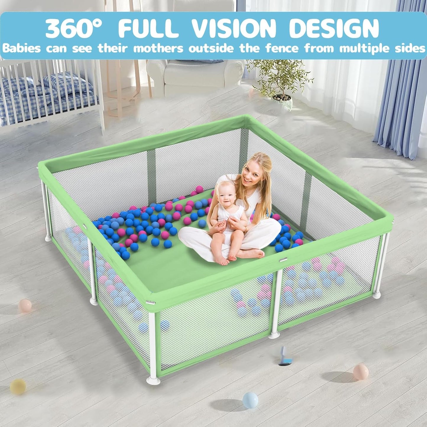 TOREVSIOR Foldable Baby Playpen with Mat, 50"×50" Collapsible Play Pen for Babies and Toddlers, Indoor & Outdoor Kids Safety Play Pen, Portable Play Yard, Foldable Baby Playpen with 50 Ocean Balls