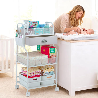 3-Tier Baby Diaper Caddy Cart Organizer,Mobile Nursery Storage Carts with Wheels,With 2 Dividers&14 Mesh Pockets Durable Metal Utility Cart for Nursery, Bedroom, Bathroom, Baby Essentials Organization