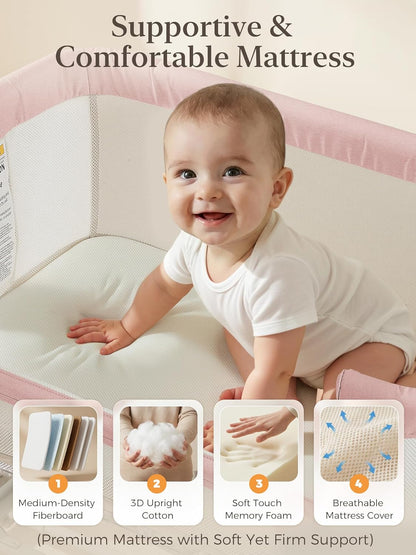 ONTHEWEI Baby Bassinet Bedside Sleeper 3-in-1, Easy Night Feeding with One-Side Fold & Rolling Wheels, Breathable Mesh, 6-Height Adjustable, Soft Mattress for Newborns
