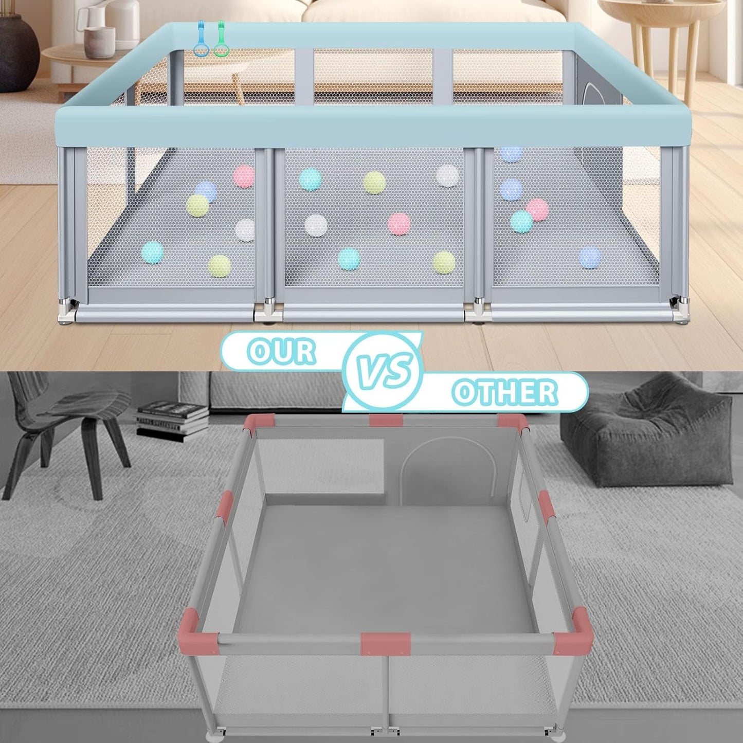 Fshibila 74" ×50" Large Baby Playpen, Baby Playard for Babies and Toddlers, Baby Fence Play Pens for Indoor & Outdoor, Sturdy Safety Play Yard with Soft Breathable Mesh, Anti-Fall, Grey