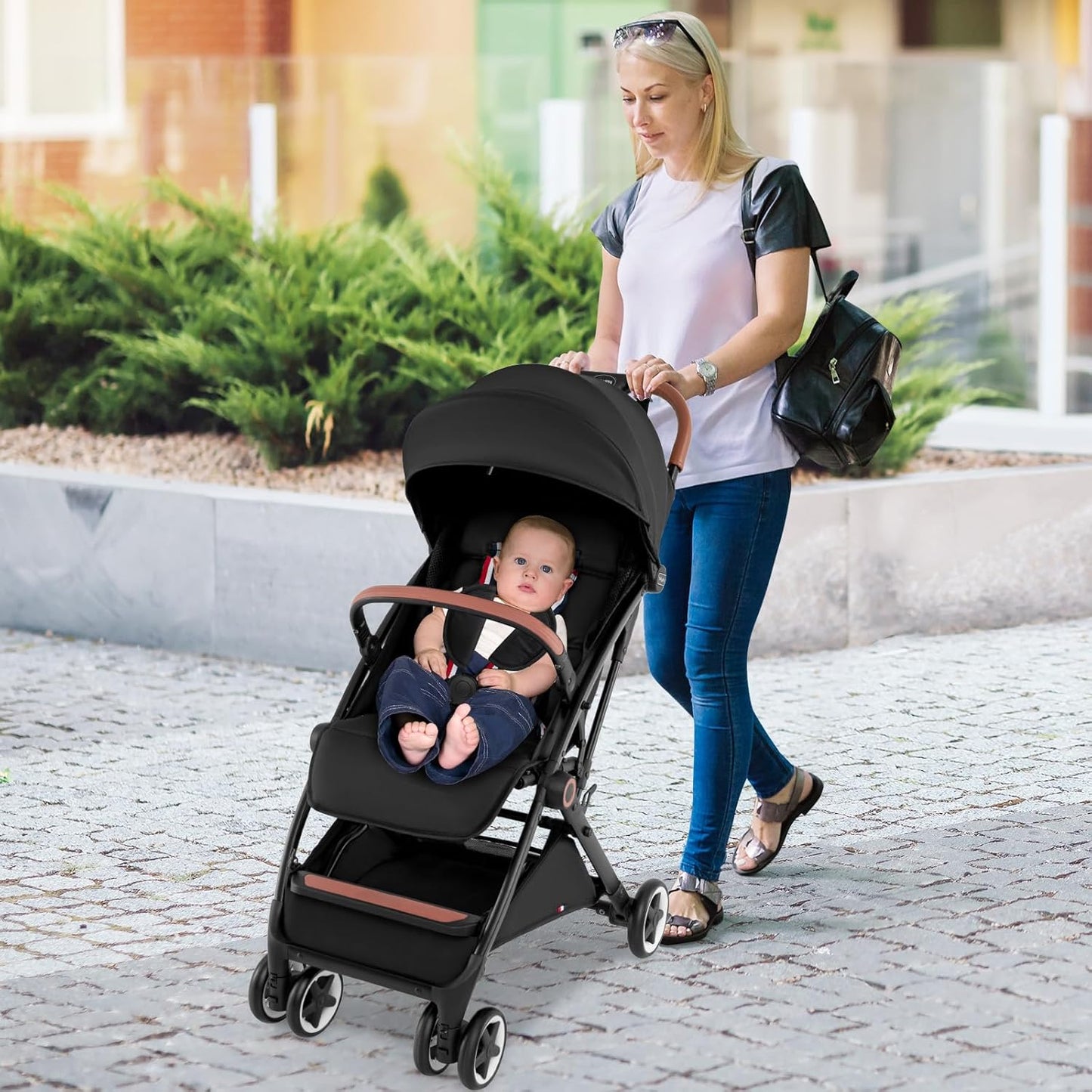 HONEY JOY Travel Stroller, One-Hand Quick Fold Lightweight Umbrella Stroller for Airplane, Wrist Wrap & Net, Multi-Position Recline, Overhead Friendly Compact Stroller for Newborn and Toddler(Gray)