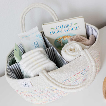 OrganiHaus Pastel Rainbow Nursery Storage Basket, Cotton Rope Toy & Diaper Caddy Organizer with Handles, Baby Diaper Organizer, Foldable Design, Machine Washable, Ideal for Baby Room & Laundry