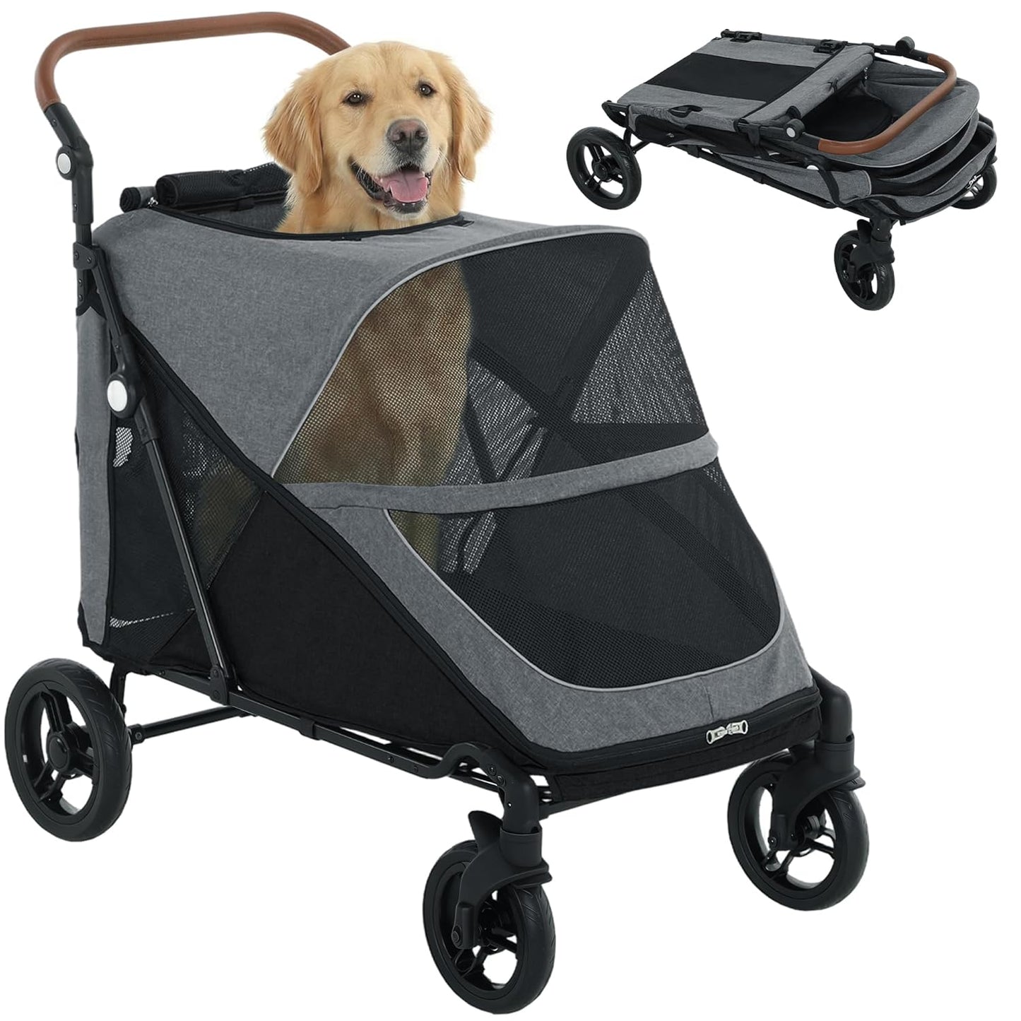 PawHut Dog Stroller for Large Dogs, One-Click Folding 4 Wheel Large Pet Stroller Wagon for Multiple Pets, All Terrain Spring Suspension w/ 8-Position Adjustable Handle, Mesh Window, Up to 66 LBS, Teal