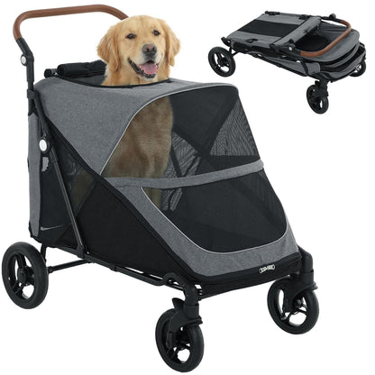 PawHut Dog Stroller for Large Dogs, One-Click Folding 4 Wheel Large Pet Stroller Wagon for Multiple Pets, All Terrain Spring Suspension w/ 8-Position Adjustable Handle, Mesh Window, Up to 66 LBS, Teal