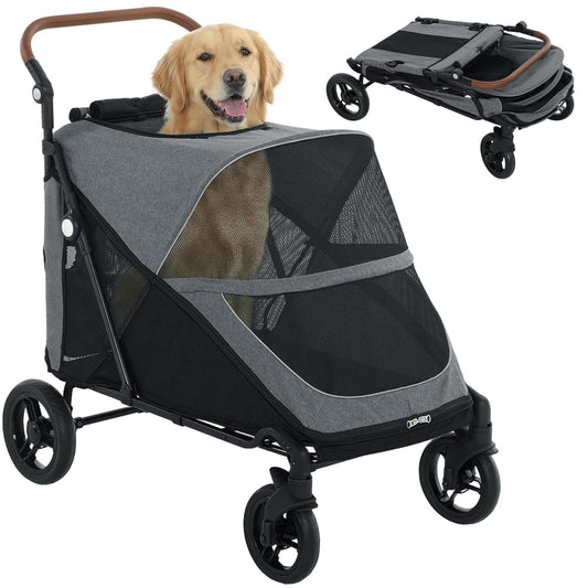 PawHut Dog Stroller for Large Dogs, One-Click Folding 4 Wheel Large Pet Stroller Wagon for Multiple Pets, All Terrain Spring Suspension w/ 8-Position Adjustable Handle, Mesh Window, Up to 66 LBS, Teal