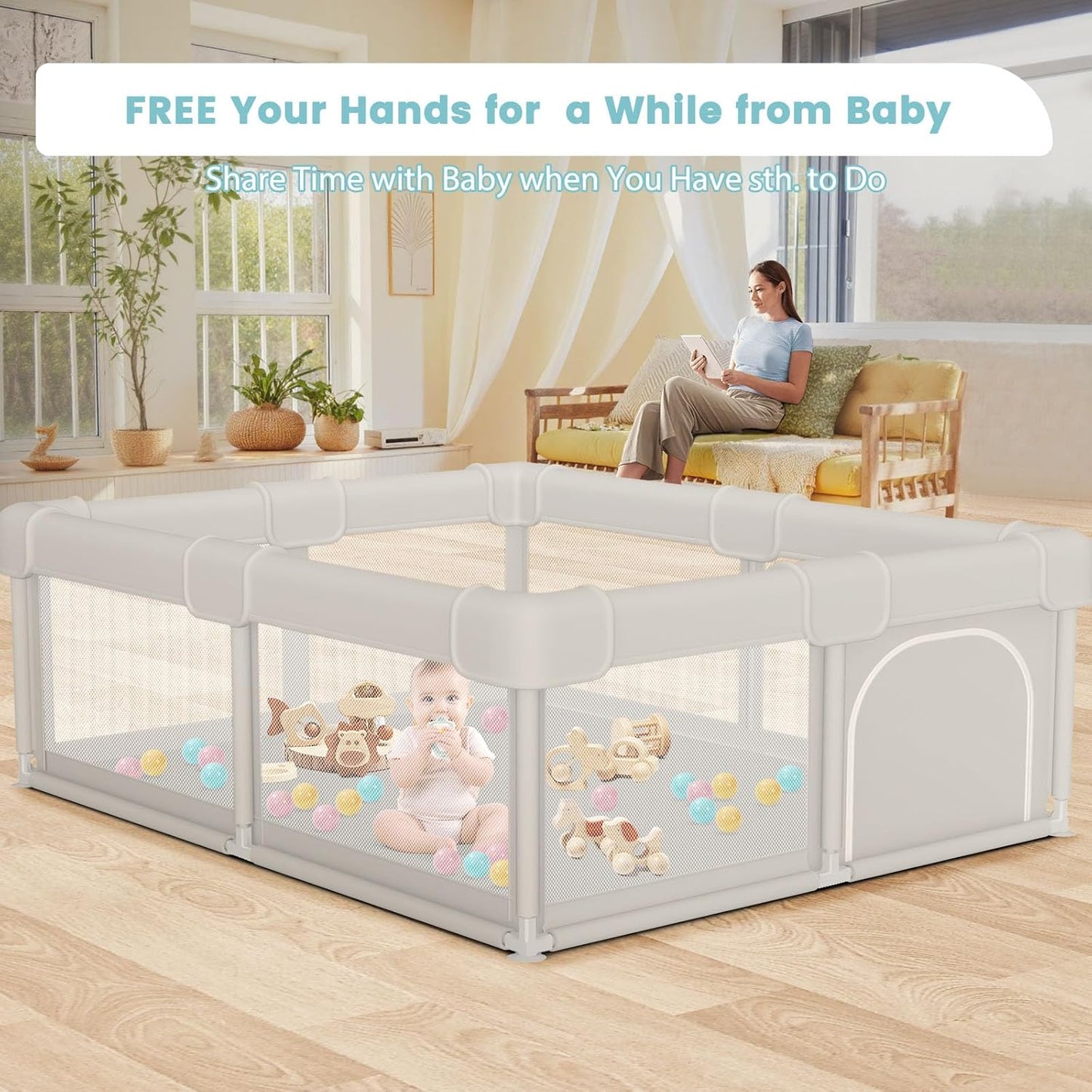 besuhot Baby Playpen Extra Large Play Yard 74" x 50" Playpen for Babies and Toddlers with Anti-Slip Suckers and Zipper Gate, Safety Baby Activity Center for Indoor & Outdoor