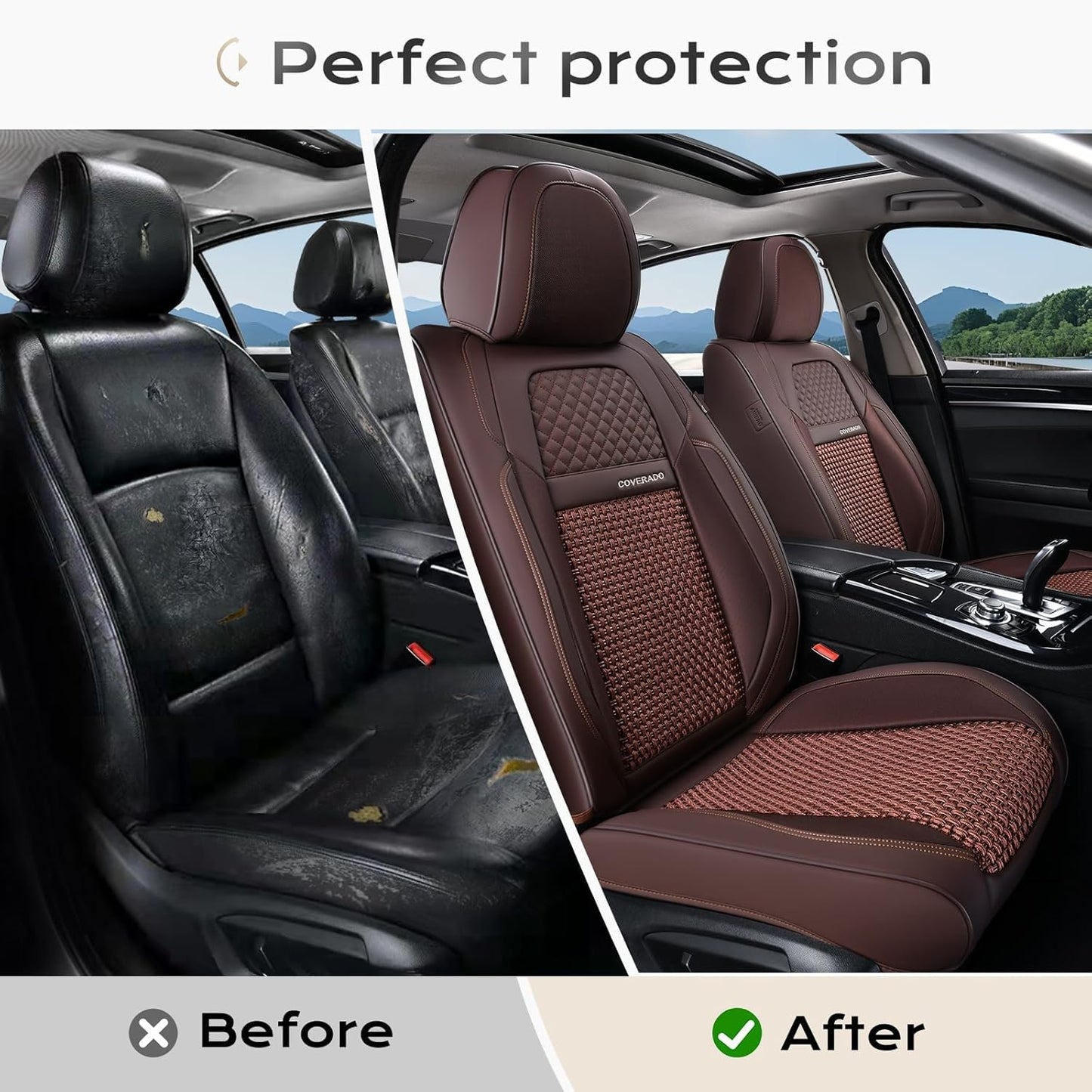 Coverado Leather Seat Covers for Car, Waterproof Car Seat Covers Full Set, 2 in 1 Conversions Car Seat Cover Protector Car Accessories Universal Fit for Most Cars SUVs and Trucks Beige