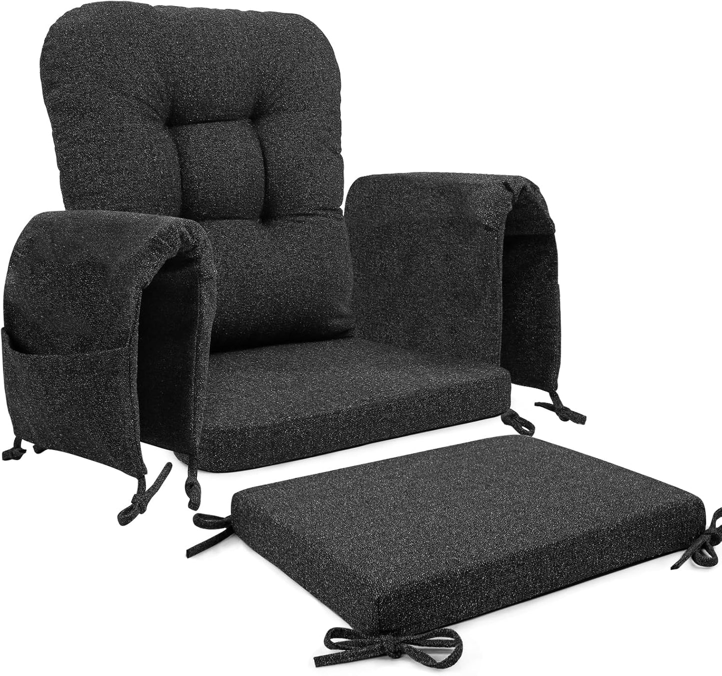 SINOSSO Glider Rocker Cushion Set (5 Pcs), Soft Blended Fabric High-Density Support Foam Seat Cushions with Ties, Fits Rocking Chair/Nursery Glider & Ottoman, Black-Gray