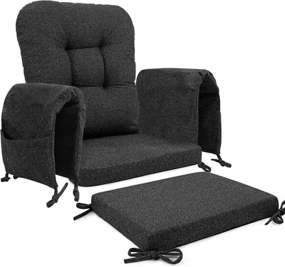 SINOSSO Glider Rocker Cushion Set (5 Pcs), Soft Blended Fabric High-Density Support Foam Seat Cushions with Ties, Fits Rocking Chair/Nursery Glider & Ottoman, Black-Gray