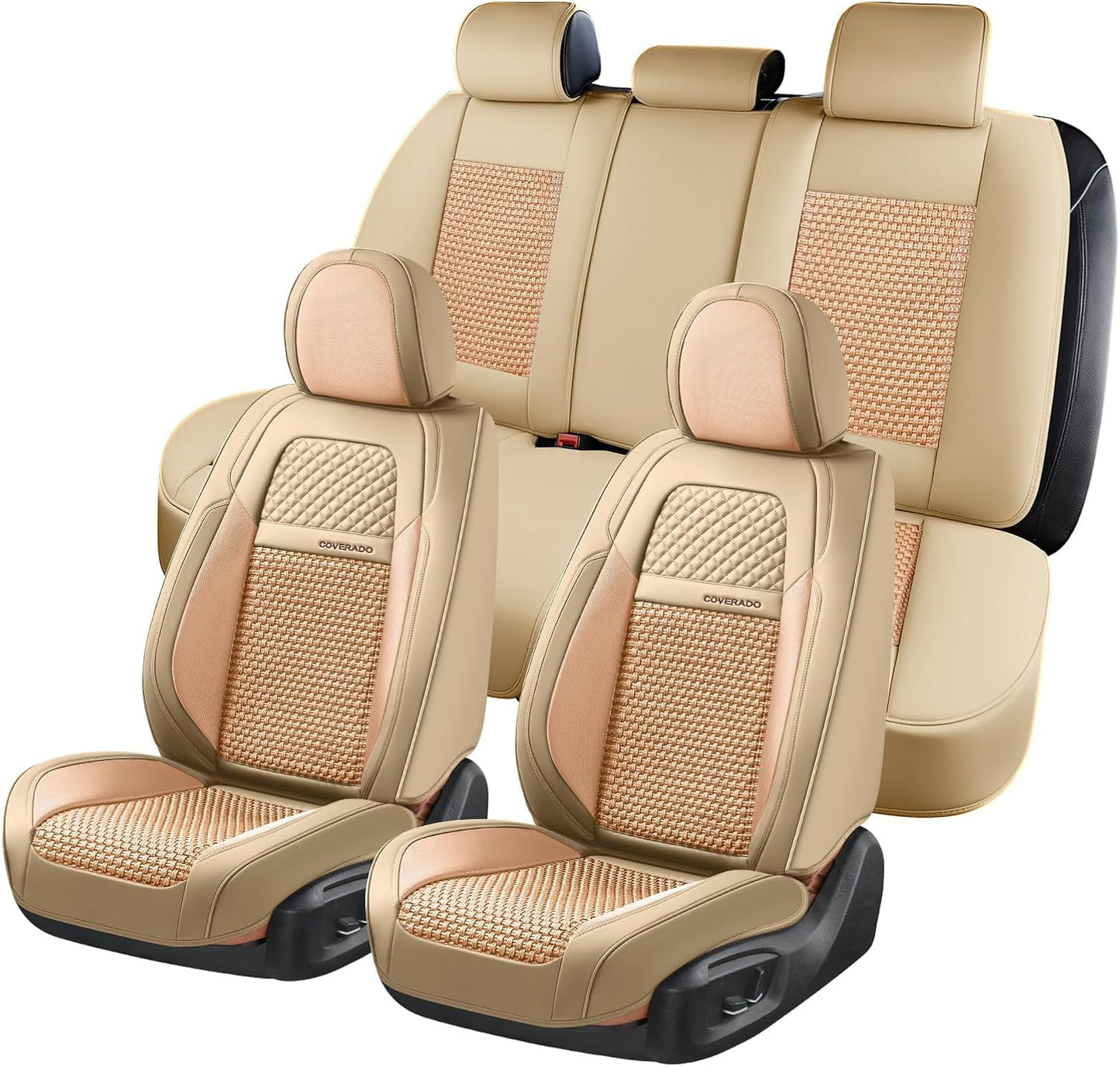 Coverado Leather Seat Covers for Car, Waterproof Car Seat Covers Full Set, 2 in 1 Conversions Car Seat Cover Protector Car Accessories Universal Fit for Most Cars SUVs and Trucks Beige
