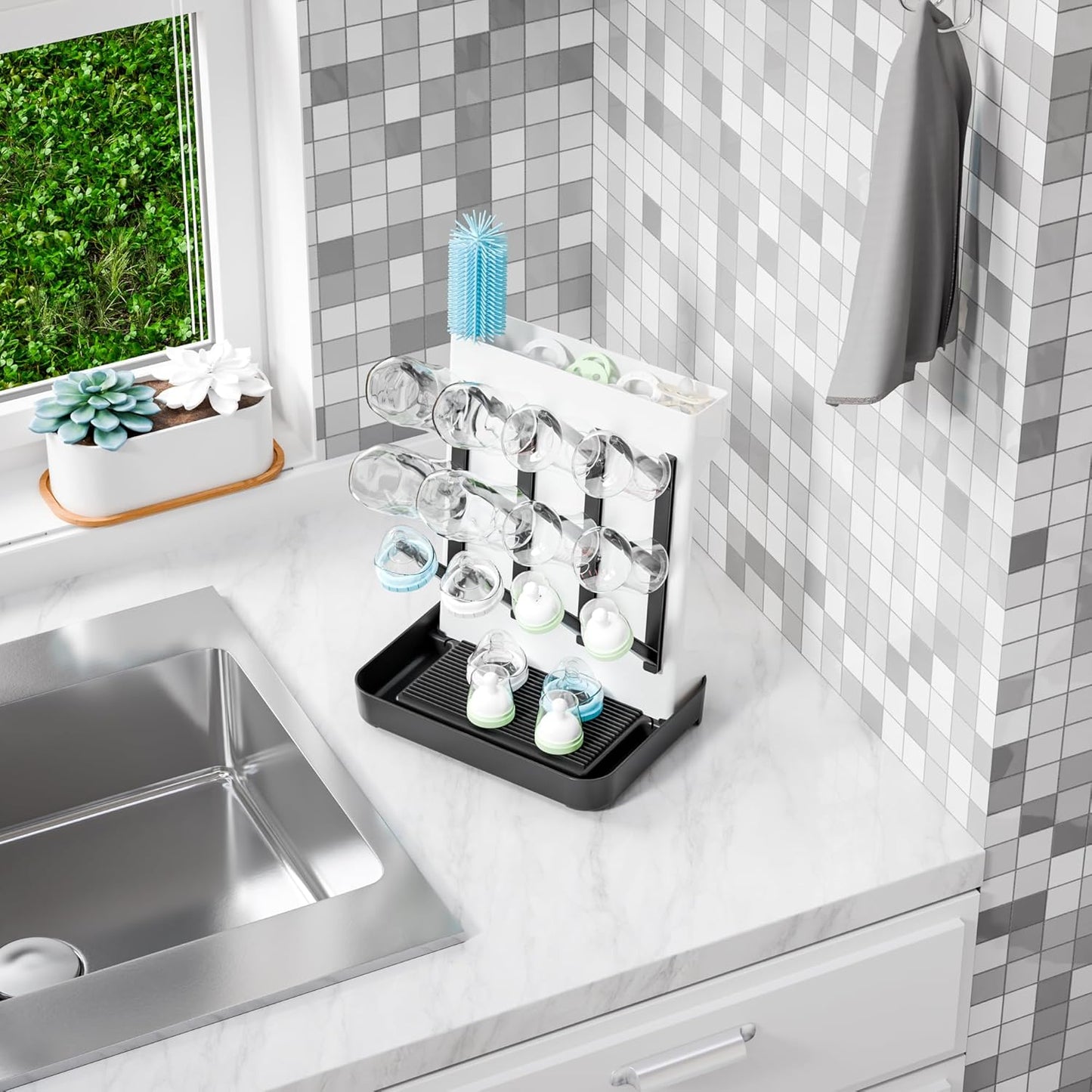 SuoXing Vertical Baby Bottle Drying Rack,Space Saving Countertop Baby Drying Rack for Bottles,Large Baby Bottle Station Stand,Bottle Rack Dryer for Brushes,Pacifiers,Baby Accessories Organizer,Grey