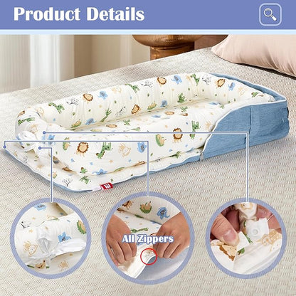 Baby Lounger for Newborns & Infants 0–24 Months, 100% Cotton Breathable Infant Support Cushion with Adjustable Size, Portable Baby Nest for Home and Travel, Baby Shower Gift (Animal World Blue)
