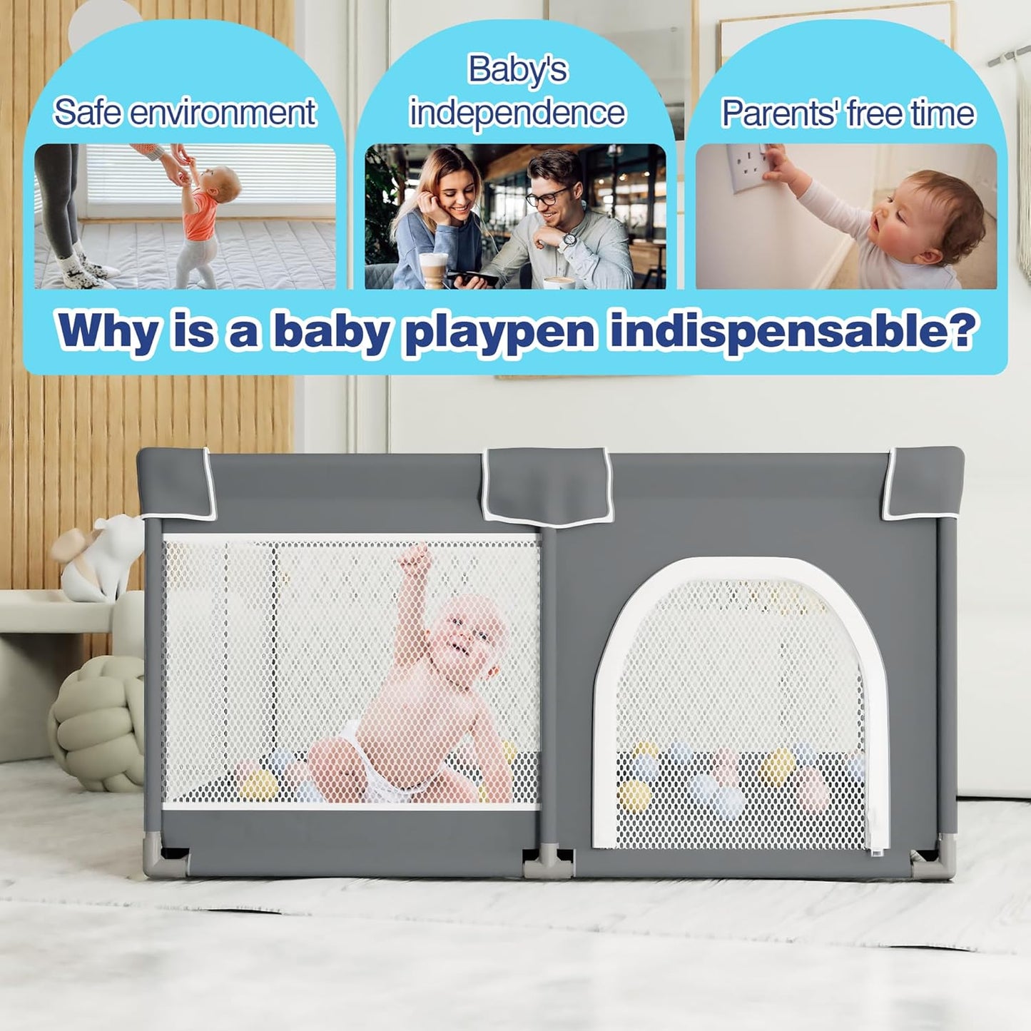 Grobeybees Playpen for Babies and Toddlers, Small Baby Playpen, Playard with Bag, Indoor & Outdoor Play Pen, Sturdy Safety Baby Play Yard with Soft Breathable Mesh(Black, 36x36 inches)