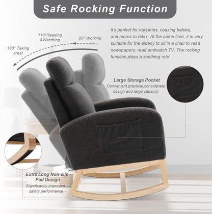 Nursery Rocking Chair with Solid Wood Legs, Glider Chair for Nursery with Two Side Pockets, Rocker Armchair for Living Room Bedroom (Ivory White, Teddy Fabric)