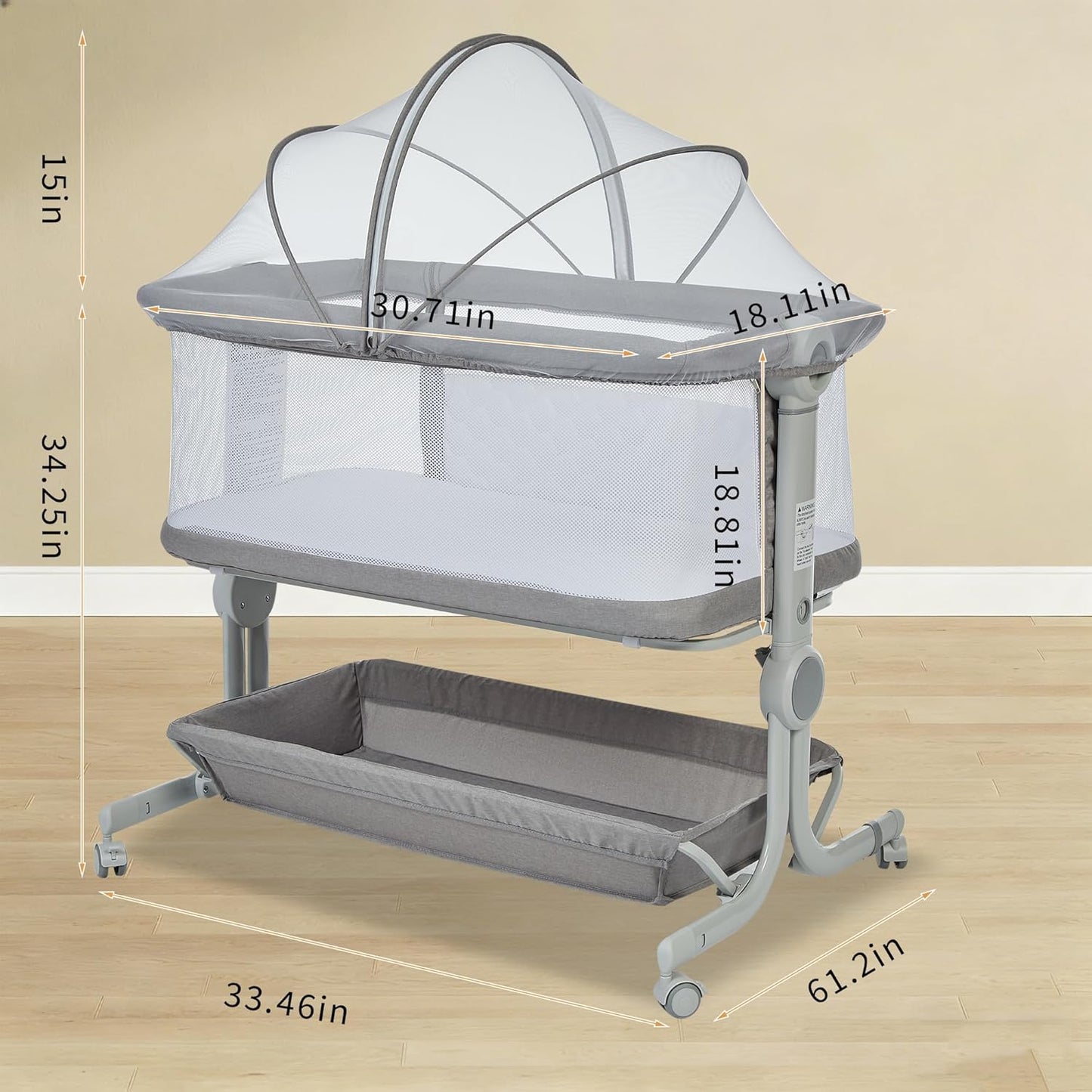 Baby Bassinet, 3-in-1 Portable Bedside Sleeper for Newborn All Mesh Sides Breathable with 6 Height Adjustments, 1-7° Anti-Reflux Incline, Detachable Mosquito Net, Storage Basket & 360° Lockable Wheels