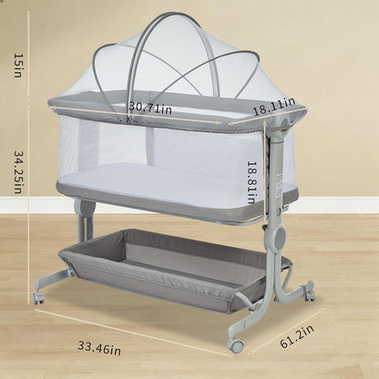 Baby Bassinet, 3-in-1 Portable Bedside Sleeper for Newborn All Mesh Sides Breathable with 6 Height Adjustments, 1-7° Anti-Reflux Incline, Detachable Mosquito Net, Storage Basket & 360° Lockable Wheels