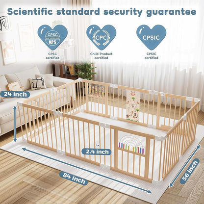Ulnxiy Foldable Wooden Baby Playpen Activity Center,Adjustable Size & Shape Portable Play Yard, Baby Fence Play Area with Gate for Indoor Use for Babies and Toddlers(84x56x24inches)